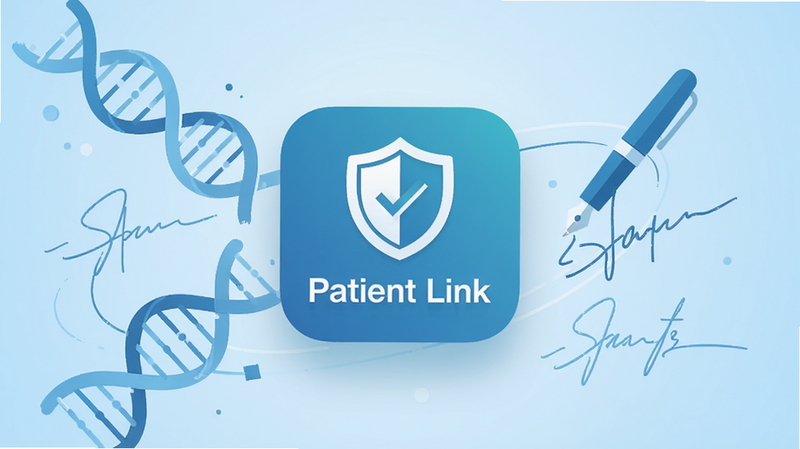 主体为Patient Link安卓版应用图标悬浮在中央,背景为干净的浅蓝色医疗渐变色调,周围环绕着抽象的DNA双螺旋结构与电子签名笔迹线条,布局中心对称,排版简洁现代,风格为扁平化UI设计,细节处包含盾牌安全标志,画质高清4k,干净无多余元素,文字“Patient Link”清晰可见