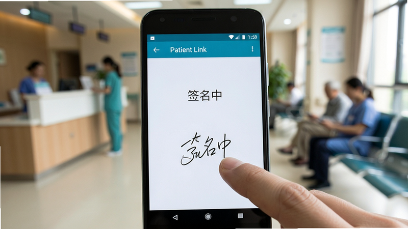 展示一部Android手机屏幕,屏幕上显示Patient Link应用界面,手指正在屏幕上进行电子签名操作,背景虚化为医院候诊区,布局聚焦于手机屏幕细节,排版清晰,风格为写实摄影风,细节展现屏幕亮度与手指触感,画质逼真,干净无杂乱背景,文字“签名中”提示清晰