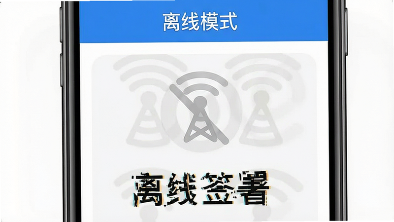 离线签署界面演示,手机屏幕显示“离线模式”标识,下方为签名区域,背景为灰色禁用状态的网络图标,布局紧凑,排版清晰,风格为功能演示图,细节展示离线状态提示,画质清晰,干净无干扰,文字“离线签署”醒目