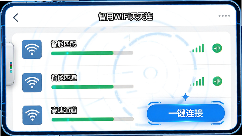 չʾ������WiFi��������APP�ڡ�����ɨ�衱���ܵĽ����ͼ���б�����ʾ���WiFi�ȵ㣬ÿ���ȵ������ź�ǿ����������״̬ͼ�꣬������ɫΪ�׵����ߣ�ͻ����ʾ��һ�����ӡ���ť�����Ƽ���ǿ��ϸ�����������ֱ�ע������ƥ�䡱��������ͨ���������ʸ߷ֱ��ʣ����ֹ���