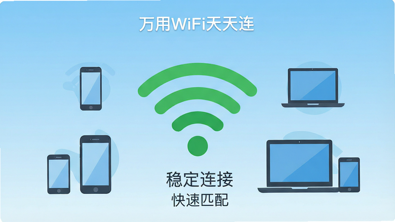 һ�Ÿ����ƽ������Ӧ�ý���Ԥ��ͼ������Ϊ������WiFi��������APP������Ļ��������ǳ��ɫ���䣬������һ���޴����ɫWiFi�ź�ͼ�꣬��Χ�������ֻ����ʼǱ����Ե��豸��Ӱ�����������ִ���������ʾ���ȶ����ӡ���������ƥ�䡱�������������޶���Ԫ�أ��ɾ����