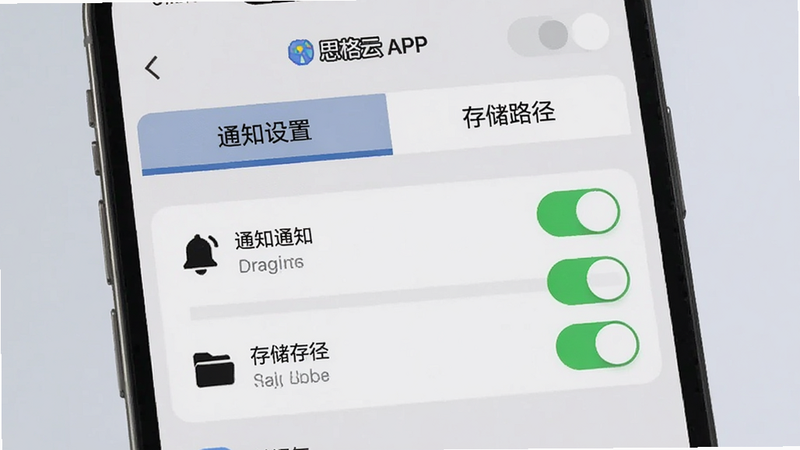 ����Ϊ˼����APP���ֻ��ϵ����ý��棬���־۽��ڡ�֪ͨ���á��롰�洢·��������ѡ�������Ϊ��͵Ļ�ɫ�����Ű��࣬�ؼ�ѡ��������������ͼ��˵����������ͼ�����֪ͨ���ļ���ͼ������洢��ϸ�ڴ���ʾ���ذ�ť���ڿ���״̬����������������ִ���Լ��ֱ��չʾ�û��������Ӧ�ú��Ĳ���