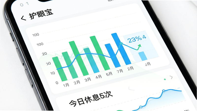 展示“护眼宝”APP的数据统计页面,手机屏幕上显示着柱状图和折线图,颜色为清新的绿色和蓝色。图表下方有简洁的文字说明,如“今日休息5次”。背景为纯白色,突出数据可视化的专业感。布局清晰,排版规范,风格现代简约,细节丰富,画质高清,干净,无多余元素