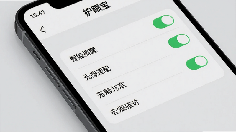 展示“护眼宝”APP的设置页面,手机屏幕上显示着多个开关选项,如“智能提醒”、“光感适配”等。背景为浅灰色,突出设置界面的清晰度。构图简洁,布局规整,风格专业,细节清晰,画质高,干净,无多余元素