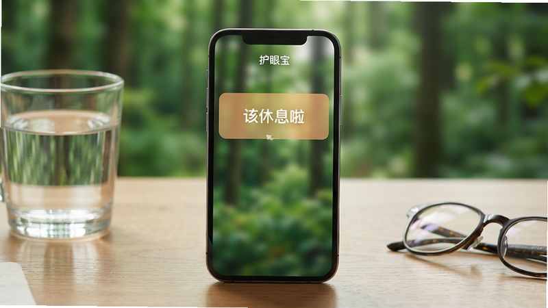 展示“护眼宝”APP的提醒功能界面,手机屏幕上方弹出一个温馨的半透明提示框,显示文字“该休息啦”,背景是模糊的绿色森林场景。手机放置在木质桌面上,旁边有一杯水和一副眼镜。构图平衡,光线柔和,风格温馨,细节清晰,画质高,干净,无多余元素