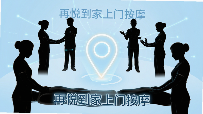 一张科技感与人文关怀结合的概念图,中心是一个发光的定位图标,周围环绕着多个不同姿态的专业按摩师剪影,背景为柔和的浅蓝色渐变,象征精准匹配与快速响应,文字标签清晰显示“再悦到家上门按摩”,布局平衡,细节精致,画质清晰