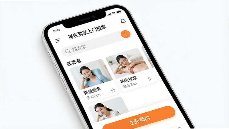 一张清新简约风格的手机应用界面展示图,主体为白色背景下的智能手机,屏幕中显示“再悦到家上门按摩”APP首页,界面包含清晰的搜索栏、技师列表卡片以及醒目的橙色“立即预约”按钮,排版整洁有序,细节处体现专业与信任感,画质高清,无多余装饰元素,干净利落