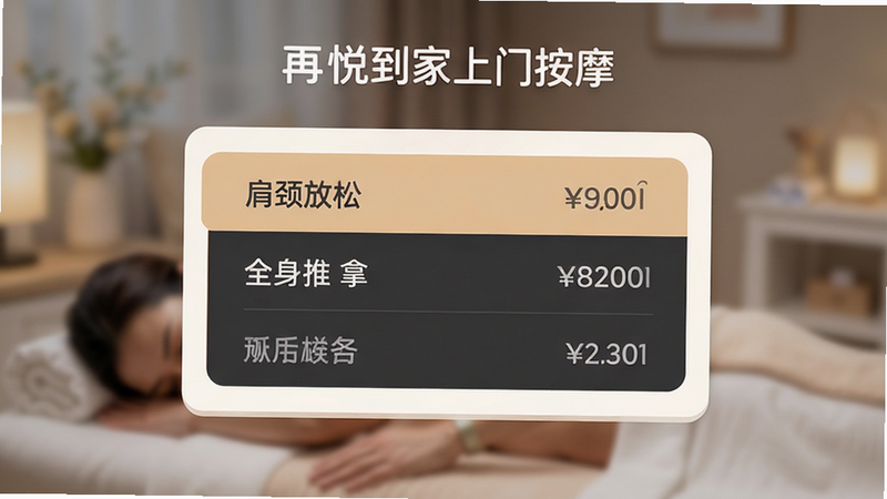 一张展示价格透明度的UI设计图,界面中央是一个清晰的价目表卡片,列出了“肩颈放松”、“全身推拿”等服务项目及对应价格,配色采用温暖的米色与深灰色对比,字体清晰易读,背景虚化处理,突出“再悦到家上门按摩”品牌标识,整体风格专业且亲民,画质细腻