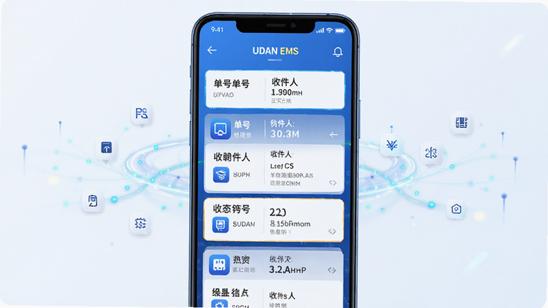 主体为UDAN EMS手机应用界面,布局居中展示安卓手机模型,屏幕显示快递面单打印列表,包含单号、收件人信息栏,排版整齐有序,风格为现代科技感蓝色调,细节包含高清UI图标与数据流特效,画质8k高清,干净无多余元素,文字标签'UDAN EMS'清晰可见