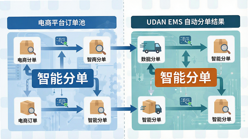主体为订单同步流程图,布局采用左右对比结构,左侧为电商平台订单池,右侧为UDAN EMS自动分单结果,排版逻辑清晰,风格为扁平化商务插画,细节包含数据箭头与智能识别图标,画质高清,干净无多余元素,文字标签'智能分单'突出显示