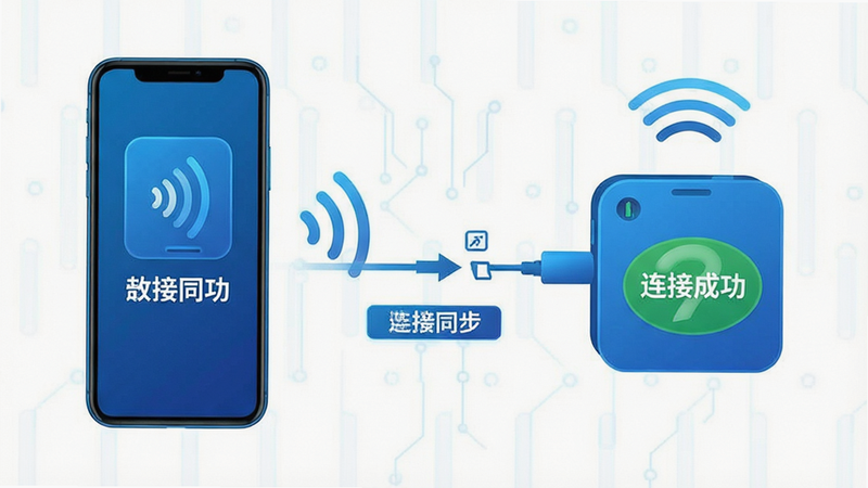 主体为手机与蓝牙打印机连接示意图,布局为左右连接结构,展示数据同步过程,排版直观易懂,风格为科技蓝色调,细节包含连接信号波与设备图标,画质高清,干净无多余元素,文字标签'连接成功'清晰可见