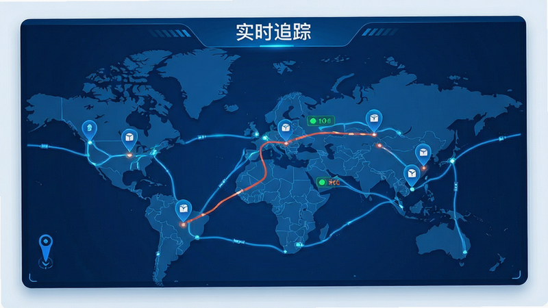 主体为物流追踪地图界面,布局以地图为背景,展示多个包裹位置标记,排版直观明了,风格为科技蓝地图UI,细节包含实时轨迹线与状态图标,画质高清,干净无多余元素,文字标签'实时追踪'位于顶部
