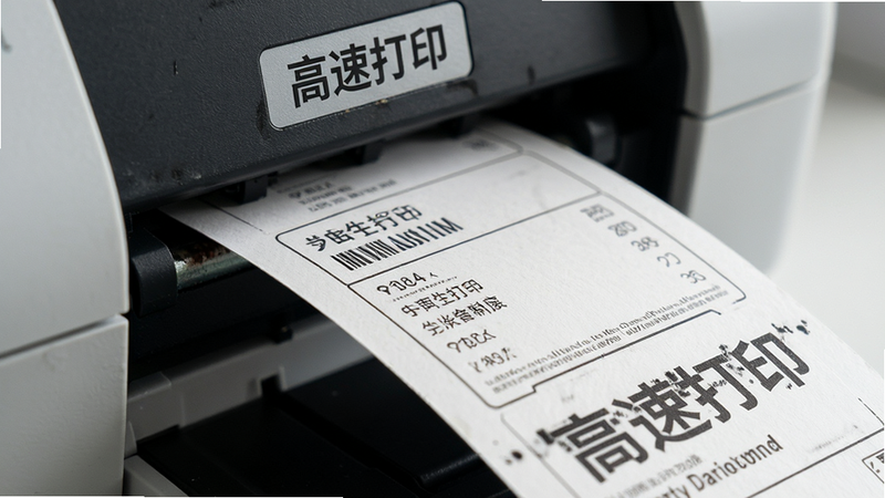主体为高速打印机正在输出快递面单,布局为特写视角,展示打印机出口与面单细节,排版紧凑动感,风格为写实摄影风,细节包含纸张纹理与墨迹清晰感,画质4k超清,干净无多余元素,文字标签'高速打印'嵌入背景