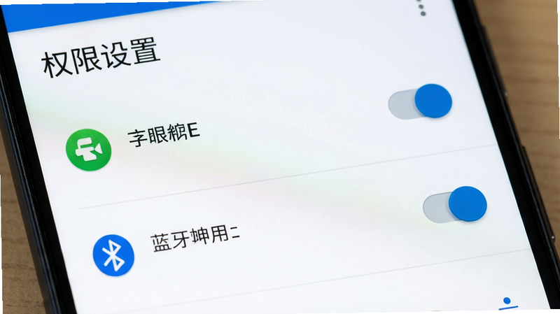主体为安卓手机设置界面,布局聚焦于权限管理页面,展示存储与蓝牙权限开关,排版简洁清晰,风格为系统原生UI风格,细节包含权限图标与开关状态,画质高清,干净无多余元素,文字标签'权限设置'醒目显示