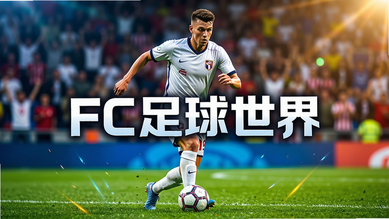 生成一张《FC足球世界》游戏宣传主视觉图,主体为身穿白色球衣的球员在绿茵场上带球突破,背景是模糊的体育场观众席,色彩鲜艳饱和度高,光影效果逼真,画面中心突出显示“FC足球世界”字样,风格为写实游戏海报,高清无噪点,构图平衡,无多余杂乱元素