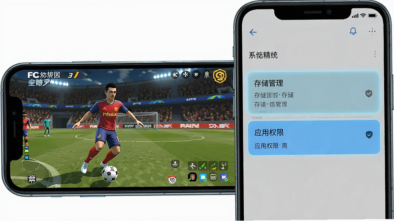 生成一张《FC足球世界》手机运行状态示意图,画面左侧为手机屏幕显示游戏画面,右侧为手机系统设置界面,高亮显示“存储管理”与“应用权限”选项,风格为简洁科技风,线条清晰,色彩明快,无杂乱背景,高清细节