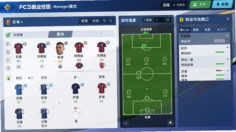 生成一张《FC足球世界》经理模式界面预览图,展示球队阵容安排、战术板设置与转会市场窗口,界面布局整洁,图标清晰,色调以蓝白为主,体现专业管理感,风格为扁平化游戏UI,细节丰富,无模糊元素,高清画质