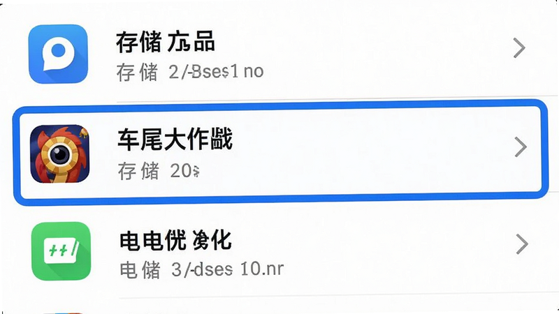 手机设置界面截图风格,显示应用权限管理列表,高亮显示“车尾大作战”的存储权限和电池优化选项,界面简洁,图标清晰,白色背景,蓝色高亮框,高清UI设计,无水印