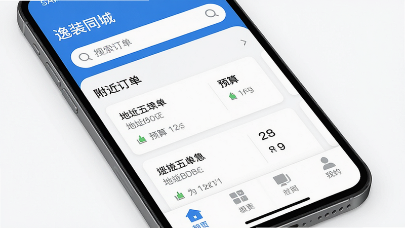 主体为手机屏幕特写,显示“逸装同城”App首页,界面以蓝白色调为主,顶部有搜索栏,中间展示“附近订单”列表卡片,包含地址、预算、时间等字段,底部有导航栏图标,风格扁平化,细节清晰,画质高清,干净无多余元素