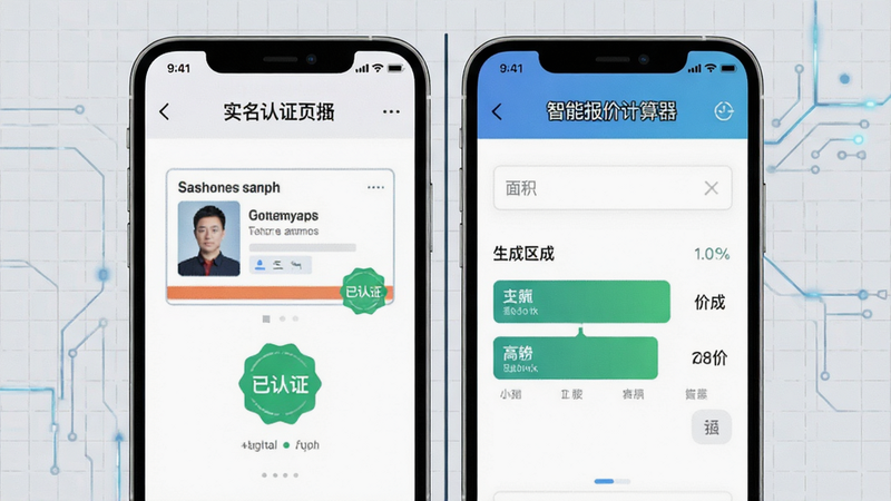 主体为手机界面分屏展示,左侧显示实名认证页面,包含身份证上传框及绿色“已认证”徽章,右侧显示智能报价计算器,有面积输入框和生成的价格区间条,背景为浅灰色网格,风格科技感,细节锐利,画质清晰,干净无杂色