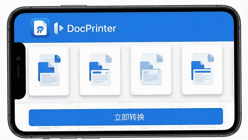 ����Ϊ DocPrinter �ֻ�Ӧ�ý��棬���ֲ��ñ�ƽ����ƣ�������ʾӦ�� Logo ����⡰DocPrinter�����м�����չʾ����ĵ�����ͼ��Ƭ���ײ�Ϊ������ת������ť�����Ϊ�ִ��Ƽ�������ɫ��ϸ�ڰ����������ĵ�ͼ���������Ӱ�����ʸ��壬�ɾ����޶���Ԫ��