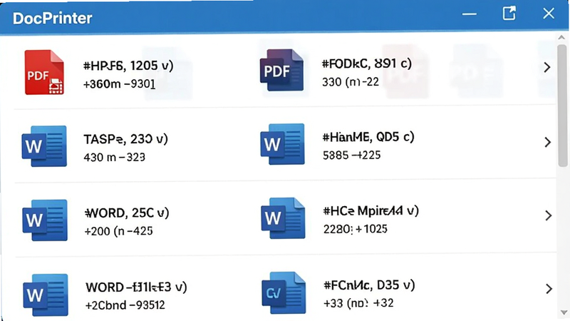 ����Ϊ DocPrinter ���ļ�ѡ����棬����Ϊ�б���ʽ��չʾ��ͬ�ļ����͵�ͼ�꣨�� PDF ��ɫͼ�ꡢWord ��ɫͼ�꣩���Ű����룬��������죬ϸ�ڰ����ļ��������С��Ϣ�������������ɾ����޶���Ԫ��