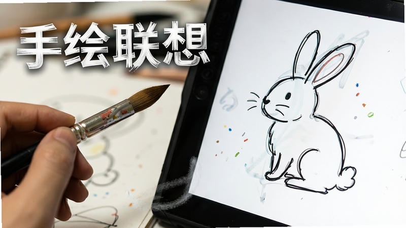 主体为手绘涂鸦过程特写,布局为左侧画笔右侧屏幕,排版紧凑,风格为极简线条,细节展示一笔勾勒出的“兔子”轮廓,画质细腻,干净,无多余元素,文字