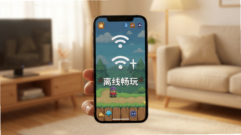 主体为手机离线游戏场景,布局为全屏展示,排版留白充足,风格为温馨居家,细节展示手机屏幕上的游戏画面与背景中的Wi-Fi断开图标,画质柔和,干净,无多余元素,文字