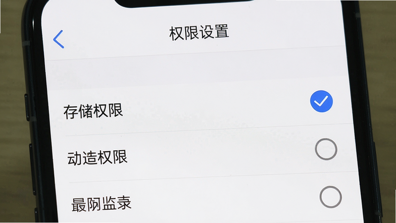 主体为手机设置权限界面,布局为列表式,排版清晰,风格为系统原生UI,细节展示“存储权限”被勾选,其他权限未勾选,画质清晰,干净,无多余元素,文字