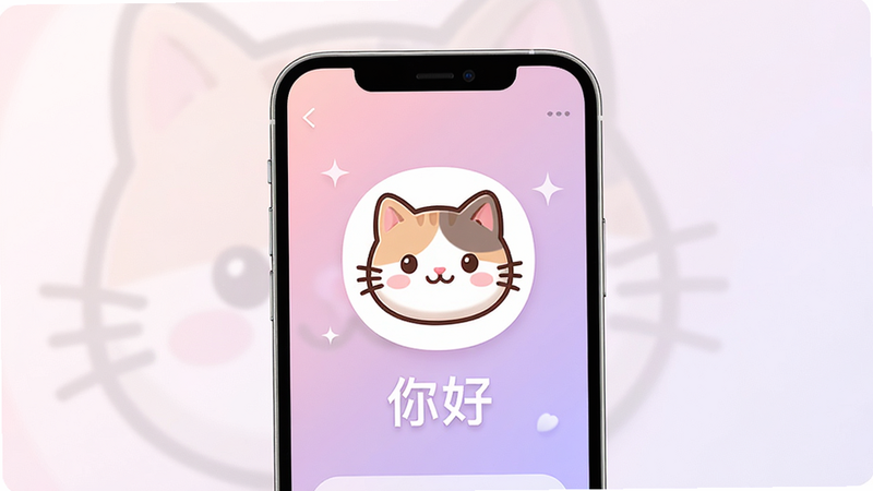 生成一张手机界面预览图,主体为猫着吧APP首页,布局居中,显示一只可爱的卡通猫头像和“你好”字样,背景为柔和的粉紫色渐变,风格清新治愈,细节包含细腻的光影效果,画质高清,干净,无多余元素