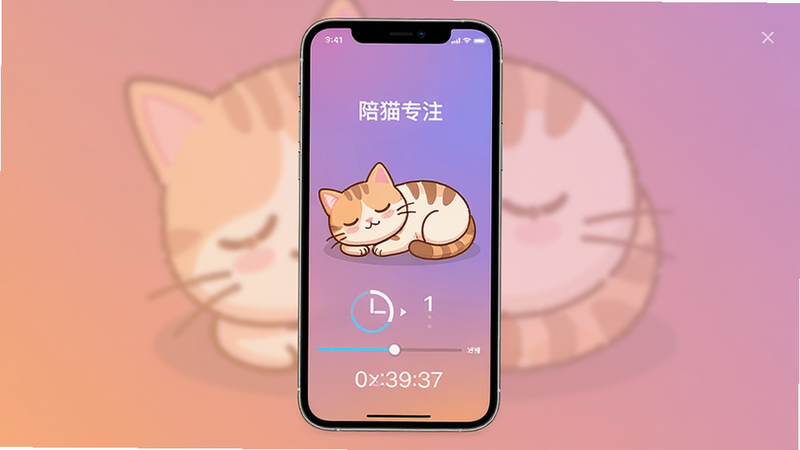 Boogu-Image: 主体为应用界面截图,布局为垂直流式布局,排版清晰,风格为极简UI设计。细节展示手机屏幕中一只猫咪正在打盹的动画,下方有进度条和倒计时数字,背景为纯色渐变,画面中包含文字“陪猫专注”,画质清晰,干净,无多余元素