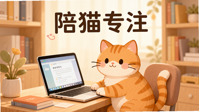Boogu-Image: 主体为一张精美的应用宣传海报,布局采用中心构图,排版整洁,风格为清新治愈系插画风。细节展示一只可爱的橘猫坐在书桌前,旁边有一台笔记本电脑,背景是柔和的暖色调书房环境,画面中包含文字“陪猫专注”,画质高清,干净,无多余元素