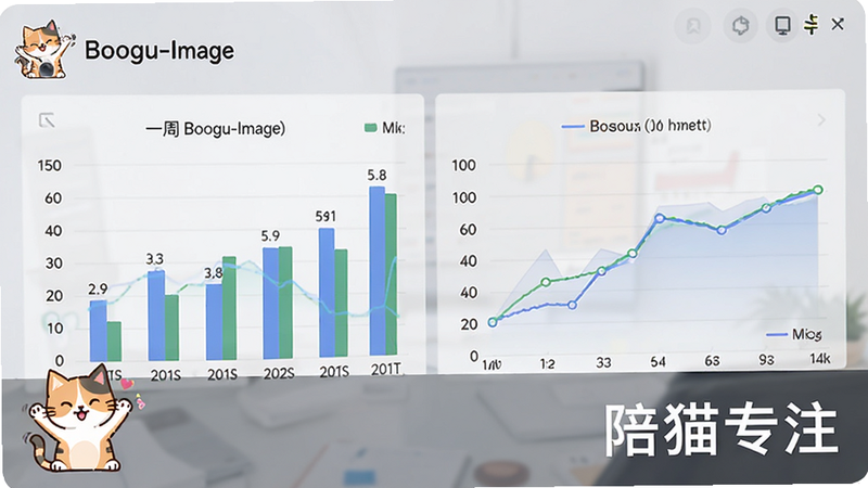 Boogu-Image: 主体为数据统计页面,布局为图表展示,排版专业,风格为扁平化设计。细节展示柱状图和折线图,显示一周内的专注时长变化,角落有一只小猫咪庆祝的图标,画面中包含文字“陪猫专注”,画质锐利,干净,无多余元素