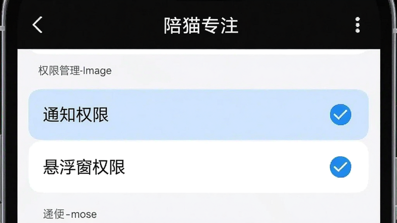 Boogu-Image: 主体为手机设置界面示意图,布局为列表式,排版清晰,风格为系统原生UI。细节展示权限管理列表,高亮显示“通知权限”和“悬浮窗权限”选项,旁边有对勾图标,画面中包含文字“陪猫专注”,画质清晰,干净,无多余元素