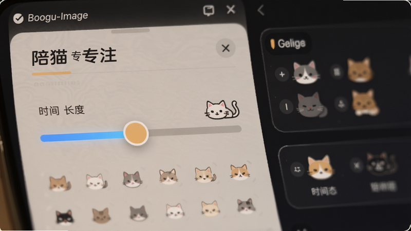 Boogu-Image: 主体为设置界面特写,布局为左右分栏,排版工整,风格为科技感与温馨感结合。细节展示滑块调节时间长度,旁边有猫咪图标指示不同时间段对应的猫咪状态,画面中包含文字“陪猫专注”,画质细腻,干净,无多余元素