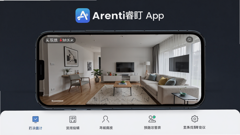 主体为Arenti睿盯App界面展示图,布局清晰,上方显示软件Logo,中间展示手机实时预览界面,包含客厅场景,下方为功能菜单栏,风格现代简约,扁平化设计,细节丰富,高清画质,干净无多余元素,文字标签清晰可见