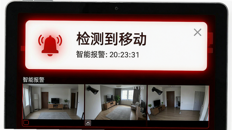 主体为智能移动侦测报警界面,布局上方为报警通知卡片,显示“检测到移动”,下方为视频缩略图,风格警示感强,红色高亮元素,细节包括警报图标与时间戳,画质清晰,无杂乱背景,文字标注“智能报警”