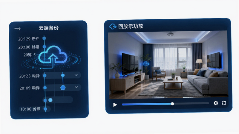主体为云端存储与回放功能示意图,布局左侧为时间轴选择器,右侧为视频播放窗口,显示室内场景,风格科技感强,蓝色调为主,细节包括云图标与播放进度条,画质清晰,无多余装饰,文字标注“云端备份”