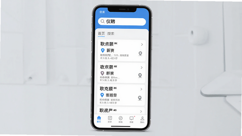 ����Ϊ�ֻ�Ӧ�ý��棬����չʾ��ƸAPP��ҳ��������������ʾ����Ƹ���������в��б�չʾ���ְλ��Ƭ���ײ����������������Ϊ��ƽ������磬ϸ�ڰ���ְλн�ʡ��ص�ͼ�꣬���ʸ��壬�ɾ����޶���Ԫ��