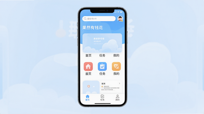 չʾ����Ȼ��Ǯ����APP�������棬�ֻ���Ļ���У�����Ϊ��͵�ǳ��ɫ���䣬����������ʾ��ҳͼ�꣬��������ҳ���������񡱡����ҵġ������ײ����������������������ͷ���������ƽ����ɫ�����£��������ȣ��޶���װ�Σ��ɾ����