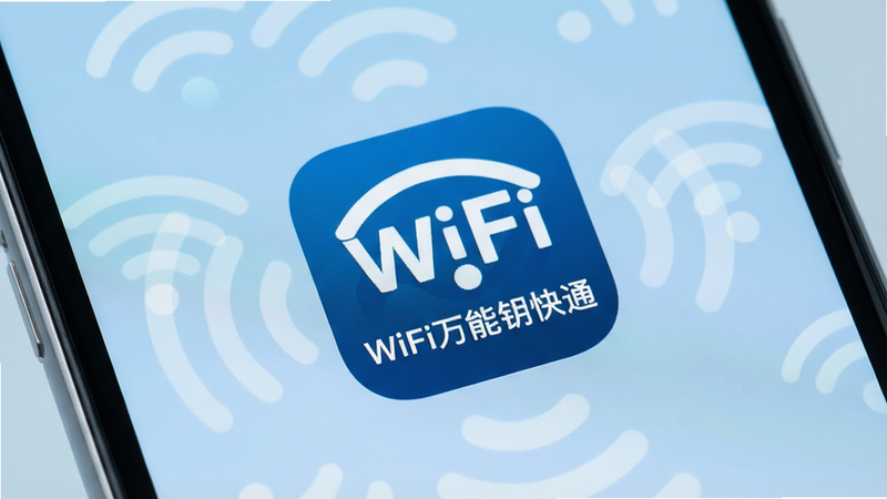 һ�Ÿ���������ֻ���Ļ��д����Ļ������ʾ�š�WiFi����Կ��ͨ����Ӧ��ͼ�꣬ͼ����Ƽ���ִ�������Ϊ��͵�ǳ��ɫ���䣬��Χ�����ż�����͸����WiFi�źŲ��ƣ������������ӡ������񼫼򡢿Ƽ���ǿ�������������޶���װ��Ԫ�ء�