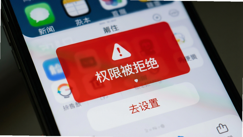 手机屏幕显示错误提示界面,红色警告框,文字为“权限被拒绝”,下方有“去设置”按钮。背景为模糊的APP主界面。风格警示性,细节清晰,画质标准,无多余装饰。