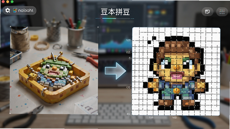 展示“豆本拼豆”软件界面的特写,左侧是原始照片,右侧是生成的像素化图纸。中间有一个箭头连接,表示转换过程。图纸网格清晰,颜色块分明。背景虚化,突出主体功能。风格科技感与手工感结合,细节丰富,画质高清,无水印。