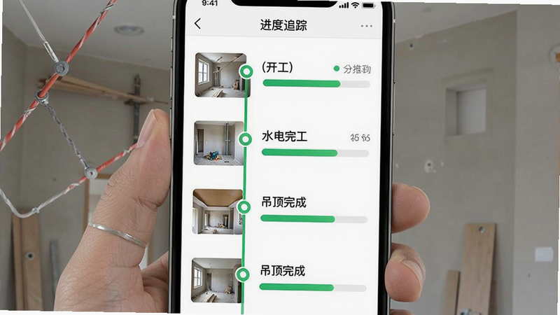һ��װ�޽���ʱ�������ͼ������Ϊ�ֻ�APP�еĽ��ȸ���ҳ�棬����Ϊ��ֱʱ���ᣬ�ڵ��ǡ�����������ˮ���깤������������ɡ��ȣ�ÿ���ڵ������ֳ�Сͼ������ִ�ֱ�ۣ�ɫ��Ϊ��ɫ�����������ɫ������ϸ�ڷḻ�������������ɾ���࣬���֡�����׷�١������ɼ�