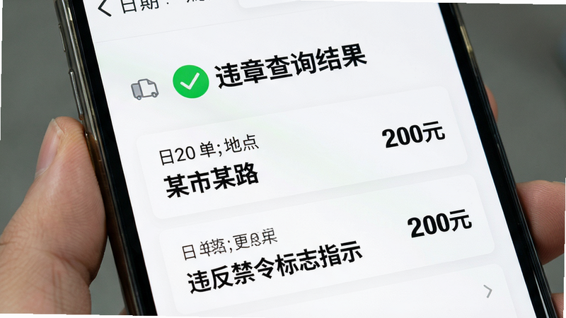 特写镜头展示手机屏幕上的“违章查询结果”页面,顶部显示绿色对勾图标表示查询成功,下方列表详细列出两条违章记录,包含日期、地点“某市某路”、违规项目“违反禁令标志指示”及金额“200元”,字体加粗清晰,背景为白色卡片式设计,风格严谨专业,画质高清,无水印
