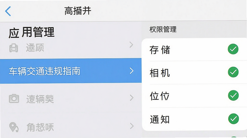 手机设置界面的模拟图,显示“应用管理”列表,其中“车辆交通违规指南”被高亮选中,右侧显示“权限管理”选项,包括“存储”、“相机”、“位置”、“通知”,每个权限前都有绿色对勾图标,背景为浅灰色,布局整齐,字体清晰,风格扁平化,画质干净,无干扰元素