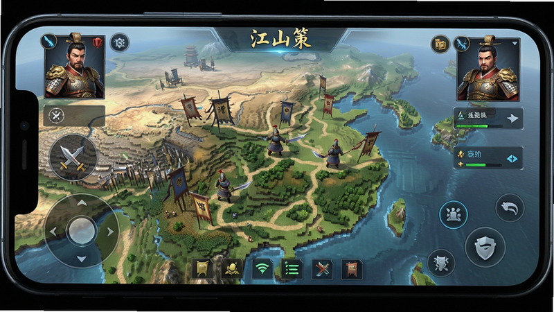 主体为手机游戏界面全屏展示,布局采用中央大型3D沙盒地图,周围环绕半透明UI操作栏,排版清晰对称,风格为写实古风与科技UI结合,细节呈现精致的武将立绘与地图纹理,画质高清4k,干净无多余水印元素,文字显示