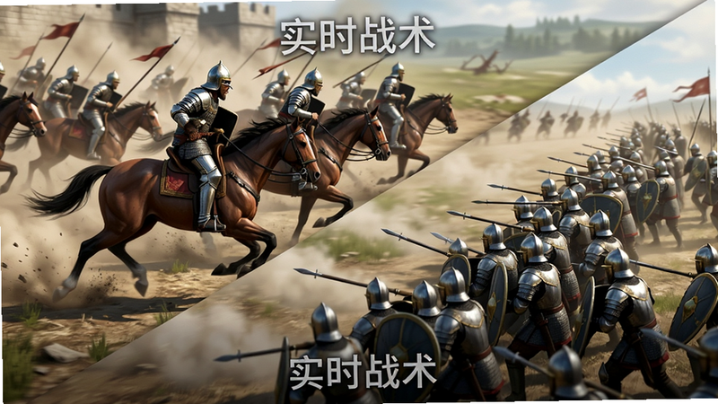 主体为游戏内的动态战场场景,布局展示骑兵冲锋与步兵方阵对峙,排版以斜对角线构图突出动势,风格为史诗级战争画面,细节刻画马蹄扬起的尘土与士兵盔甲反光,画质逼真,光影效果强烈,无多余UI遮挡,文字标注