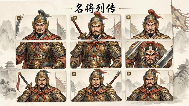 主体为武将卡牌界面展示,布局为九宫格排列的精美角色头像,排版整齐有序,风格为国风工笔画质感,细节展现人物服饰纹理与武器细节,画质细腻柔和,背景为淡雅水墨晕染,文字显示