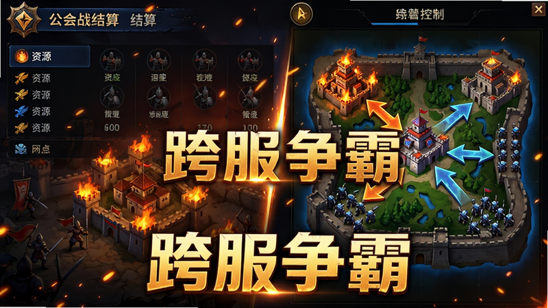 主体为公会战结算界面与地图争夺示意,布局左侧显示资源数据右侧显示地图控制区域,排版对比鲜明,风格为激昂的战斗氛围,细节呈现城池燃烧特效与部队集结箭头,画质高饱和度,视觉冲击力强,文字标注